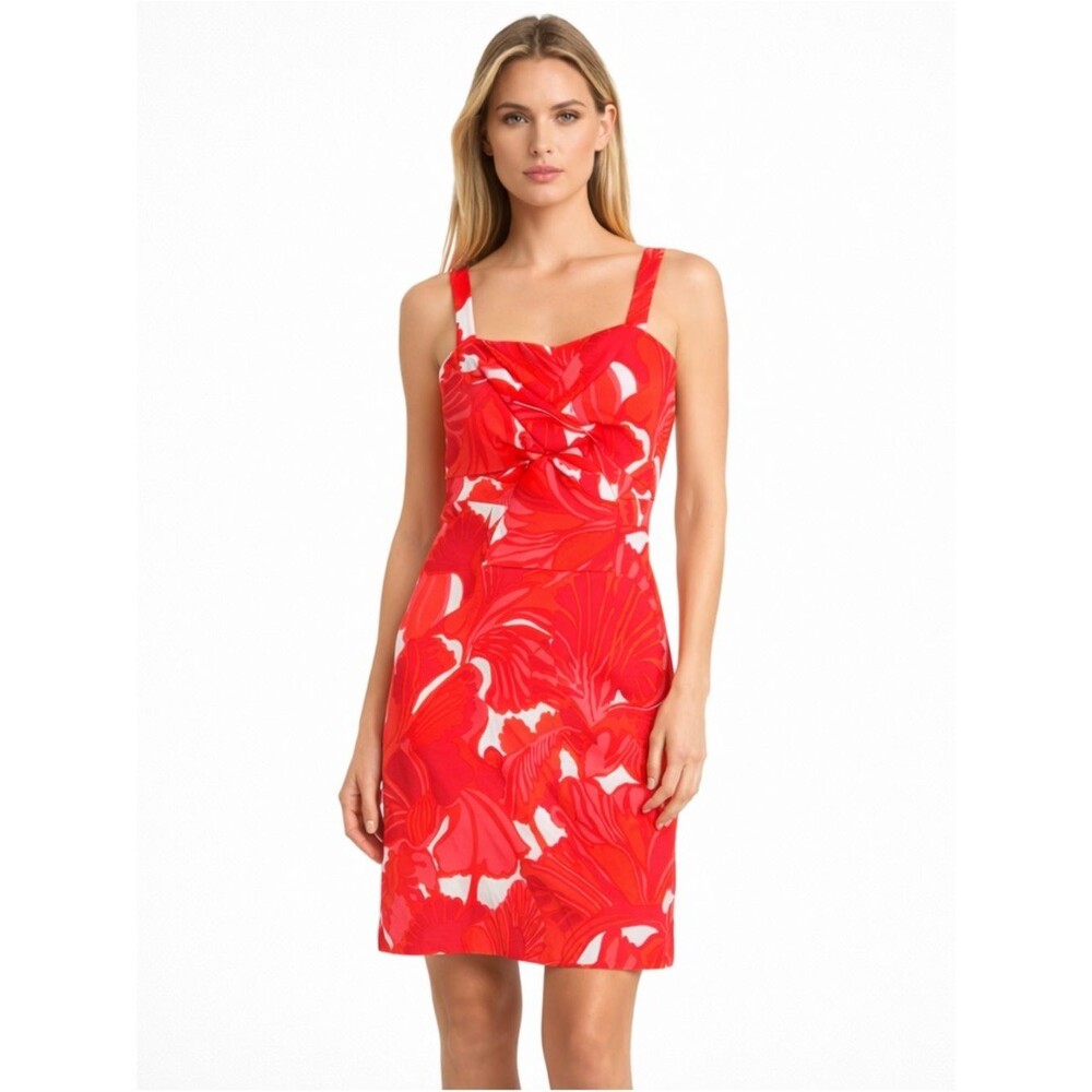 Trina Turk Lanai Twist Front Dress Red White Floral Tropical Print Sheath Size 2